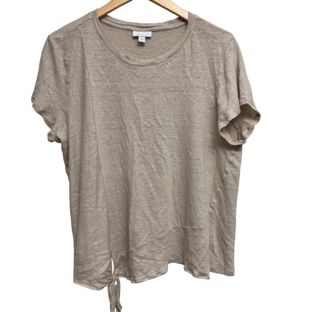 J. Jill Top XL 100% Linen Tie Front Short Sleeve Casual Beige Tan‎ Lagenlook